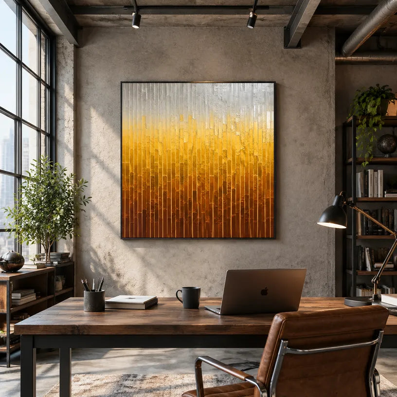 Wabi-Sabi abstract oil painting showing layered abstract marks, texture and expressive painterly movement in a yellow palette.