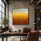 Wabi-Sabi abstract oil painting showing layered abstract marks, texture and expressive painterly movement in a yellow palette.