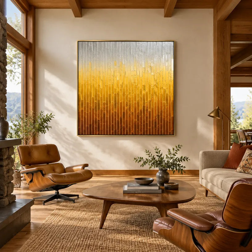 Wabi-Sabi abstract oil painting showing layered abstract marks, texture and expressive painterly movement in a yellow palette.