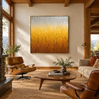 Wabi-Sabi abstract oil painting showing layered abstract marks, texture and expressive painterly movement in a yellow palette.
