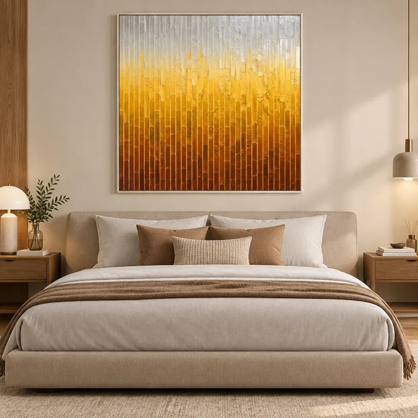 Wabi-Sabi abstract oil painting showing layered abstract marks, texture and expressive painterly movement in a yellow palette.