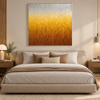 Wabi-Sabi abstract oil painting showing layered abstract marks, texture and expressive painterly movement in a yellow palette.