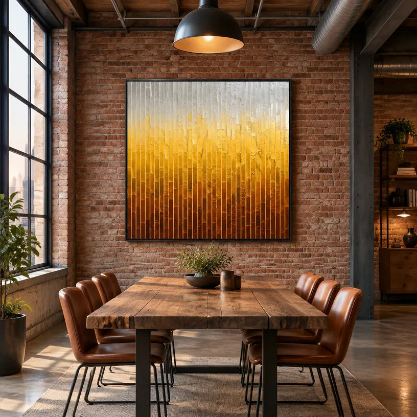 Wabi-Sabi abstract oil painting showing layered abstract marks, texture and expressive painterly movement in a yellow palette.