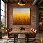 Wabi-Sabi abstract oil painting showing layered abstract marks, texture and expressive painterly movement in a yellow palette.