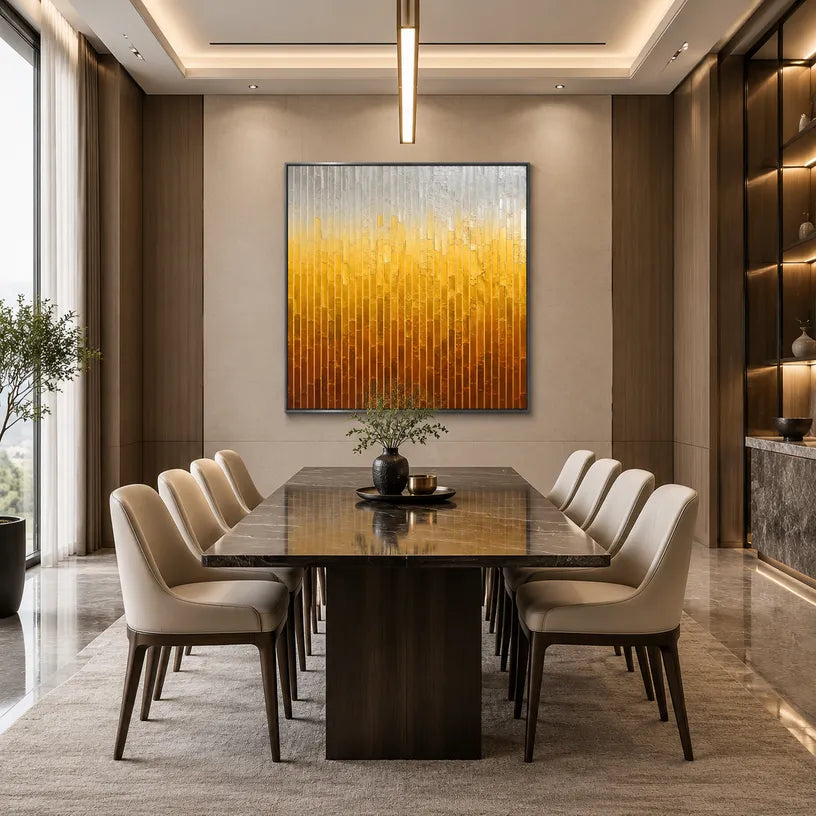 Wabi-Sabi abstract oil painting showing layered abstract marks, texture and expressive painterly movement in a yellow palette.