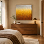 Wabi-Sabi abstract oil painting showing layered abstract marks, texture and expressive painterly movement in a yellow palette.