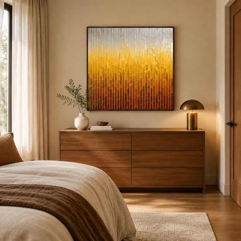 Wabi-Sabi abstract oil painting showing layered abstract marks, texture and expressive painterly movement in a yellow palette.