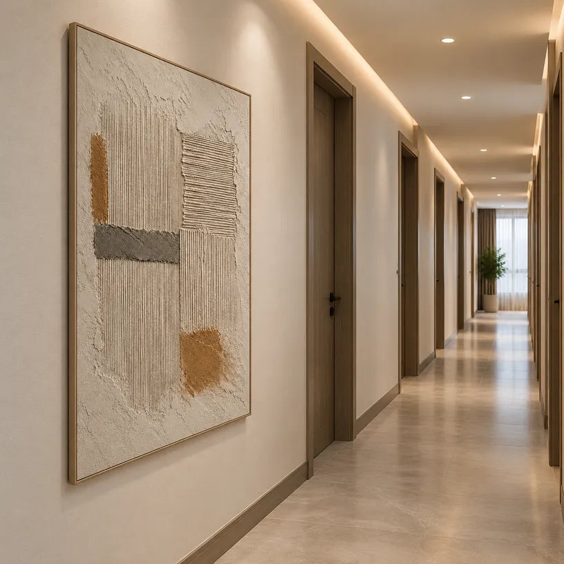 Wabi-Sabi abstract oil painting showing layered abstract marks, texture and expressive painterly movement in a brown palette.