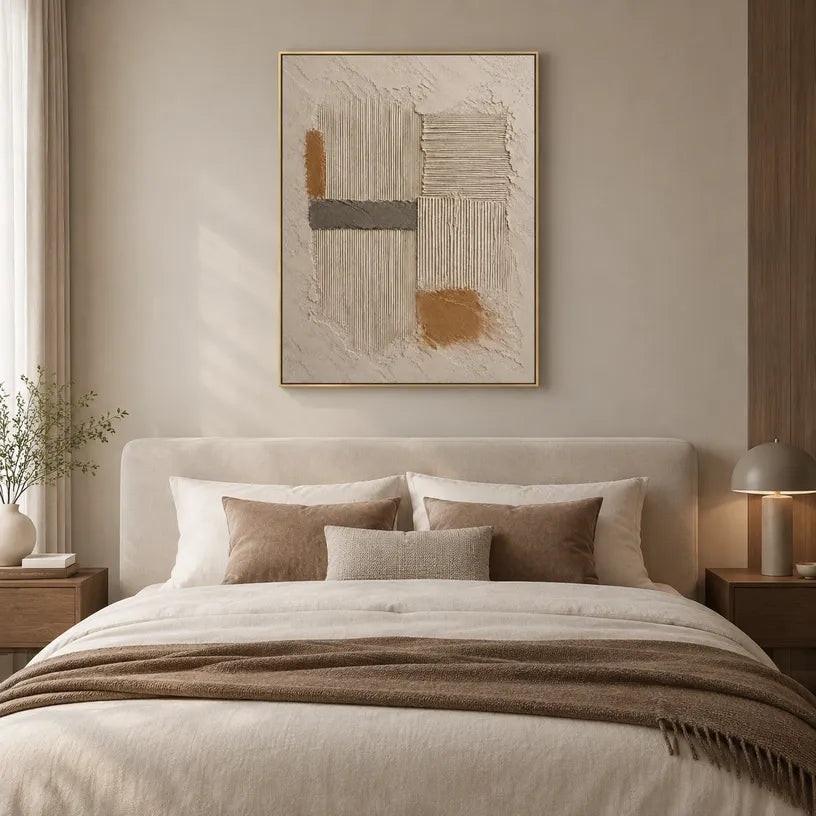 Wabi-Sabi abstract oil painting showing layered abstract marks, texture and expressive painterly movement in a brown palette.