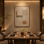 Wabi-Sabi abstract oil painting showing layered abstract marks, texture and expressive painterly movement in a brown palette.