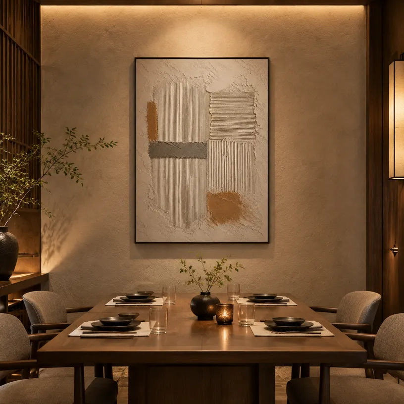 Wabi-Sabi abstract oil painting showing layered abstract marks, texture and expressive painterly movement in a brown palette.