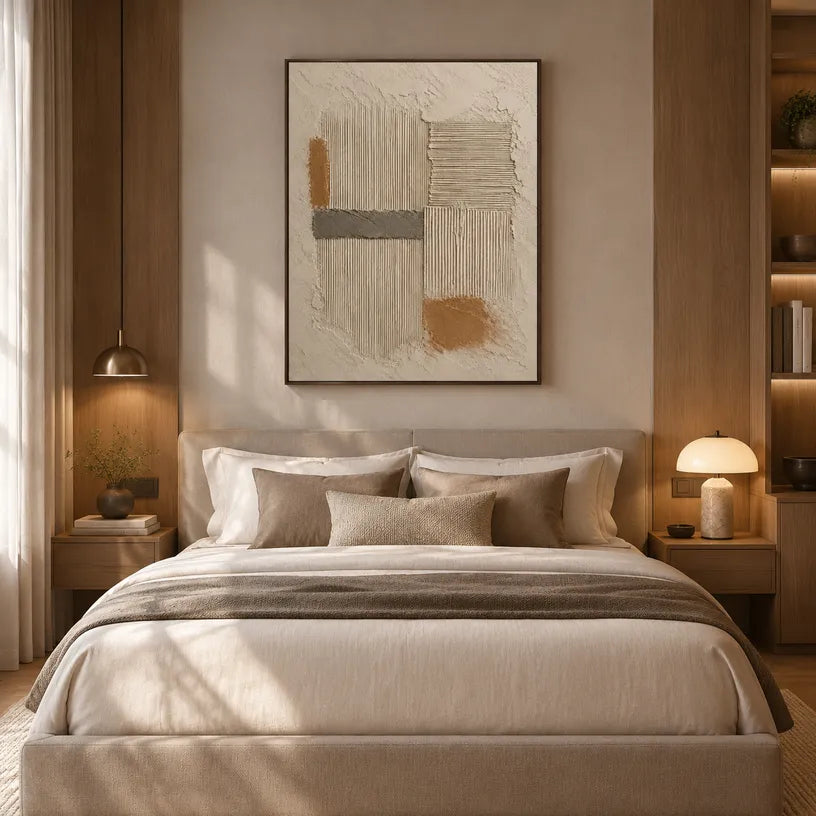 Wabi-Sabi abstract oil painting showing layered abstract marks, texture and expressive painterly movement in a brown palette.