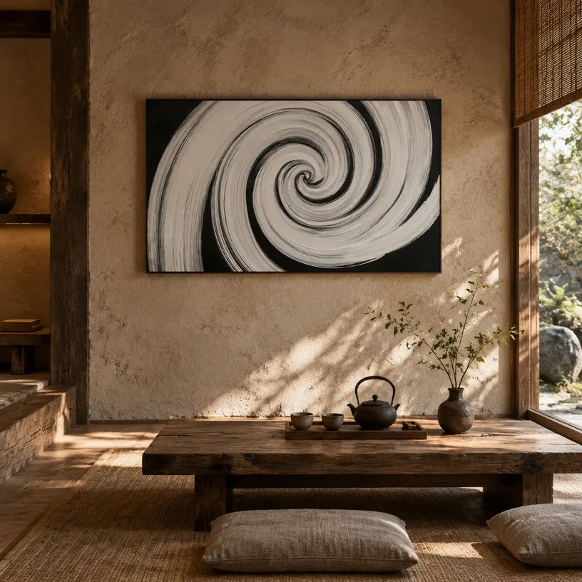 Wabi-Sabi abstract oil painting showing layered abstract marks, texture and expressive painterly movement in a black and white palette.