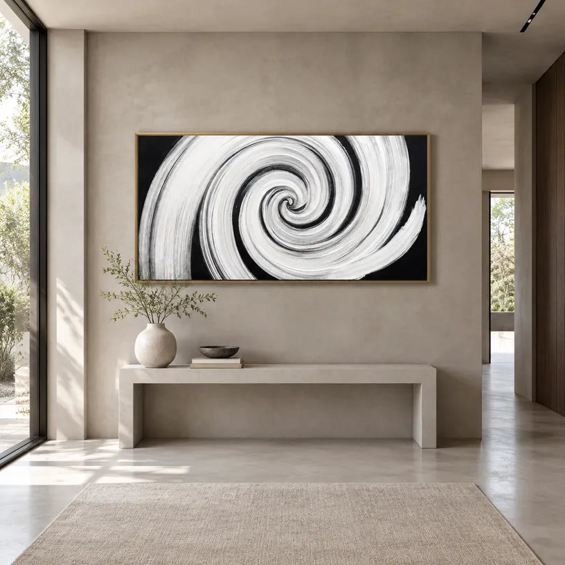 Wabi-Sabi abstract oil painting showing layered abstract marks, texture and expressive painterly movement in a black and white palette.