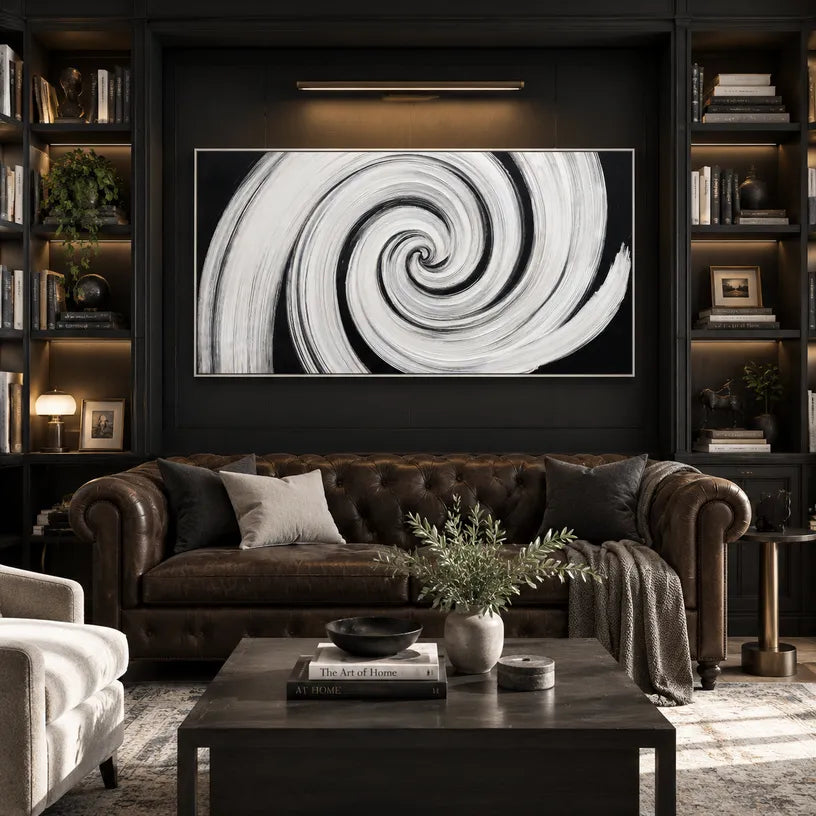 Wabi-Sabi abstract oil painting showing layered abstract marks, texture and expressive painterly movement in a black and white palette.