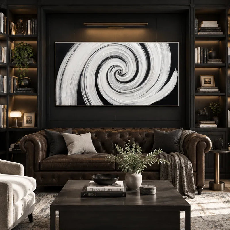 Peinture à l'huile abstraite et conceptuelle Wabi-Sabi présentant des marques abstraites superposées, une texture et un mouvement pictural expressif dans une palette noir et blanc.