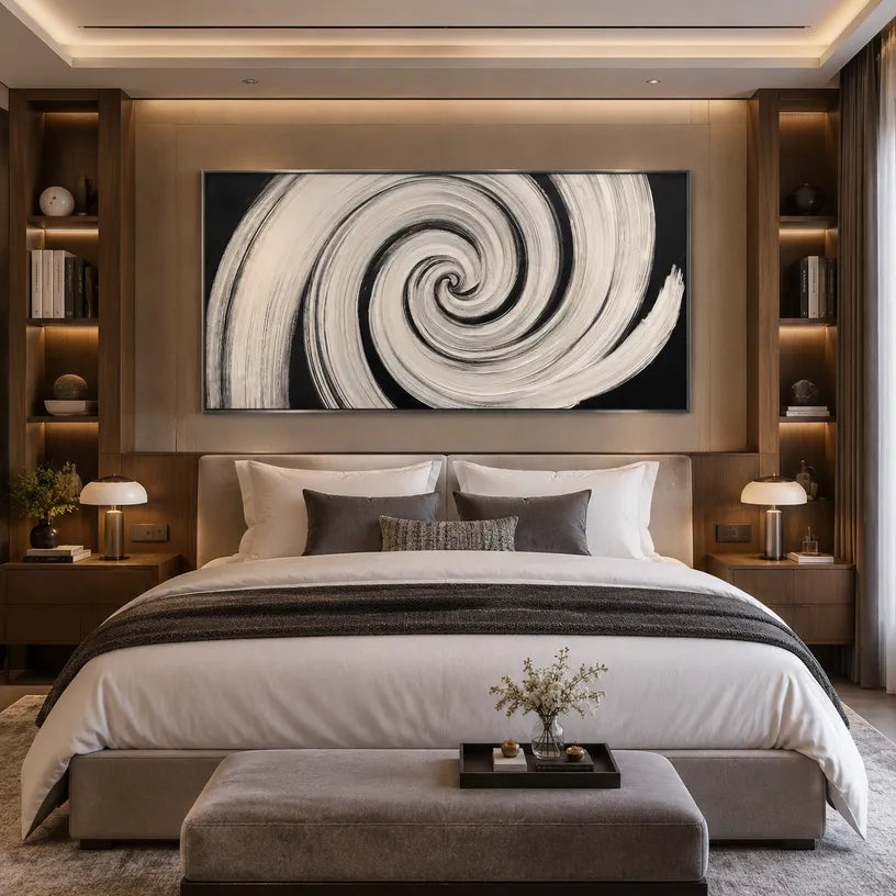 Wabi-Sabi abstract oil painting showing layered abstract marks, texture and expressive painterly movement in a black and white palette.
