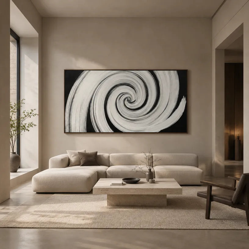 Wabi-Sabi abstract oil painting showing layered abstract marks, texture and expressive painterly movement in a black and white palette.