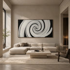 Wabi-Sabi abstract oil painting showing layered abstract marks, texture and expressive painterly movement in a black and white palette.