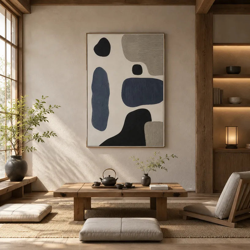 Wabi-Sabi abstract oil painting showing layered abstract marks, texture and expressive painterly movement.