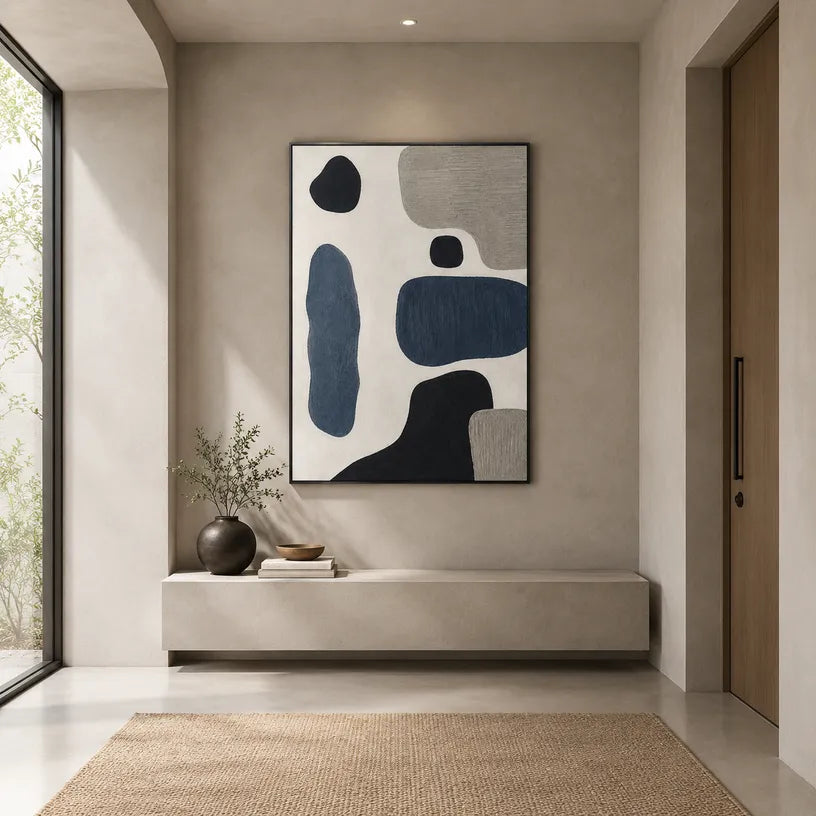 Wabi-Sabi abstract oil painting showing layered abstract marks, texture and expressive painterly movement.