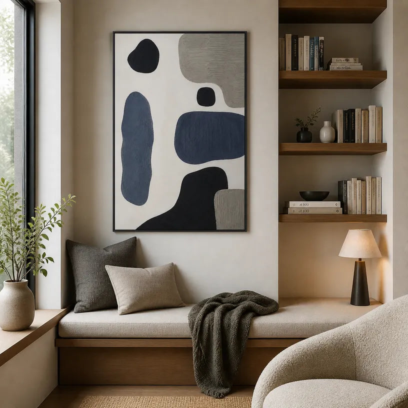 Wabi-Sabi abstract oil painting showing layered abstract marks, texture and expressive painterly movement.