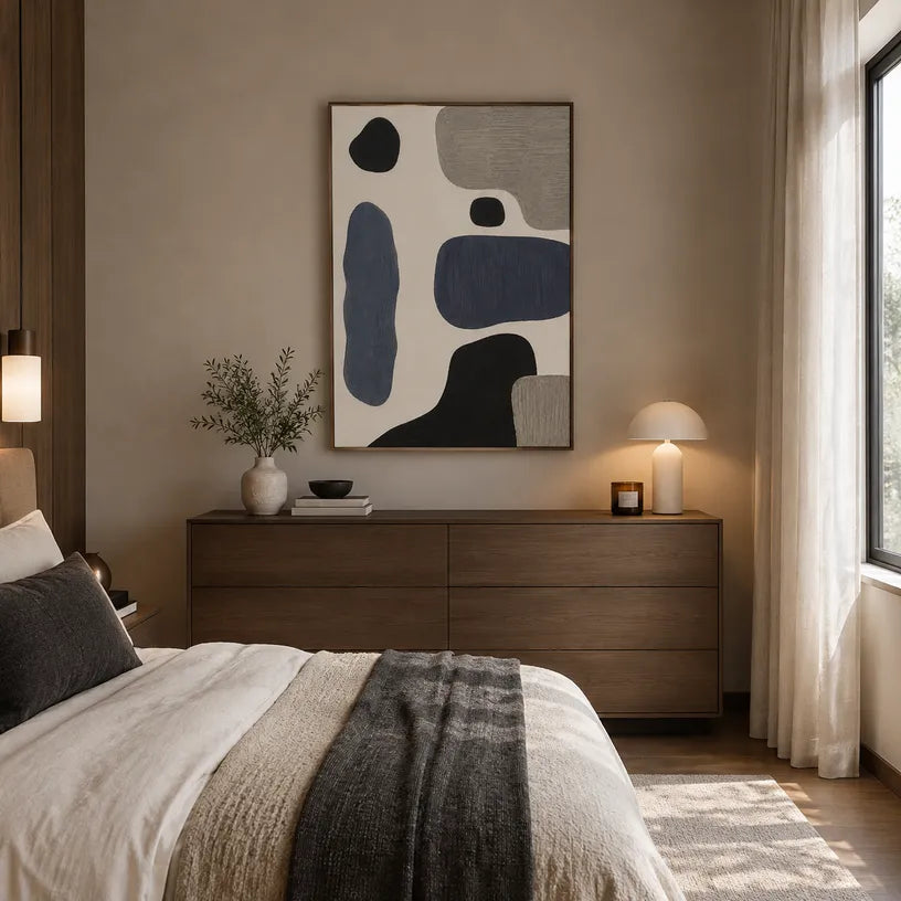 Wabi-Sabi abstract oil painting showing layered abstract marks, texture and expressive painterly movement.