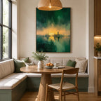 Wabi-Sabi abstract oil painting showing layered abstract marks, texture and expressive painterly movement in a green palette.
