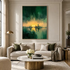 Wabi-Sabi abstract oil painting showing layered abstract marks, texture and expressive painterly movement in a green palette.