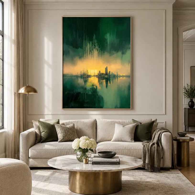 Wabi-Sabi abstract oil painting showing layered abstract marks, texture and expressive painterly movement in a green palette.