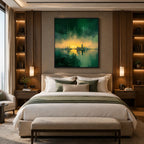 Wabi-Sabi abstract oil painting showing layered abstract marks, texture and expressive painterly movement in a green palette.