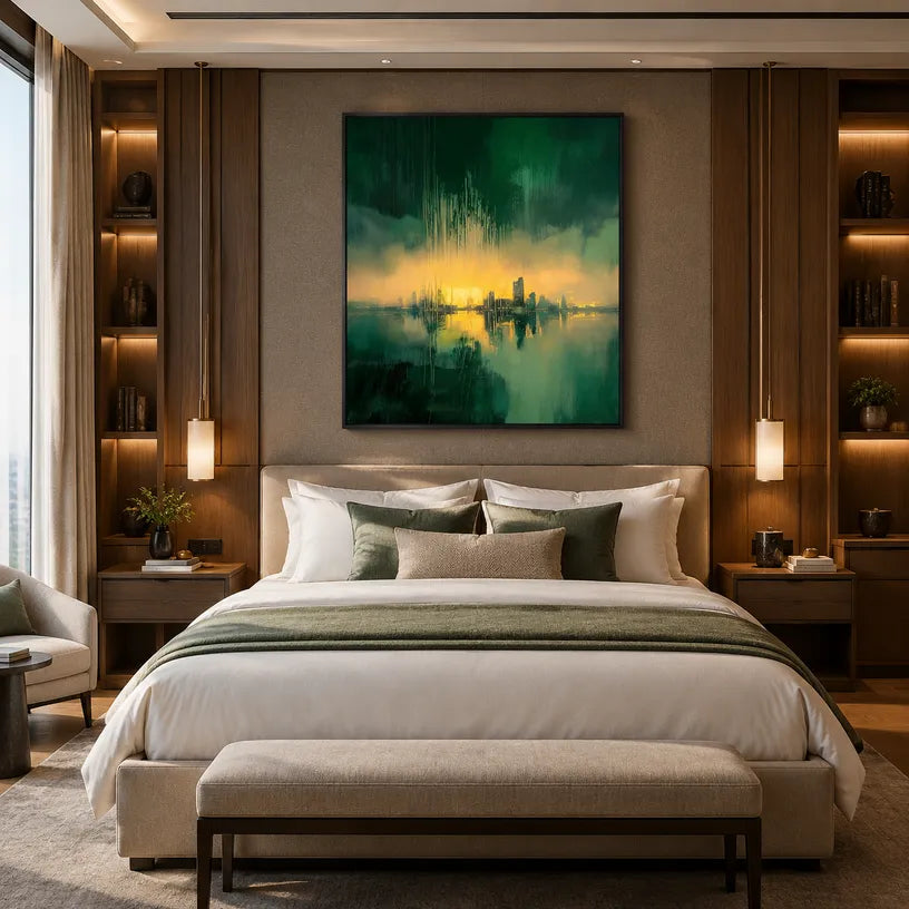 Wabi-Sabi abstract oil painting showing layered abstract marks, texture and expressive painterly movement in a green palette.