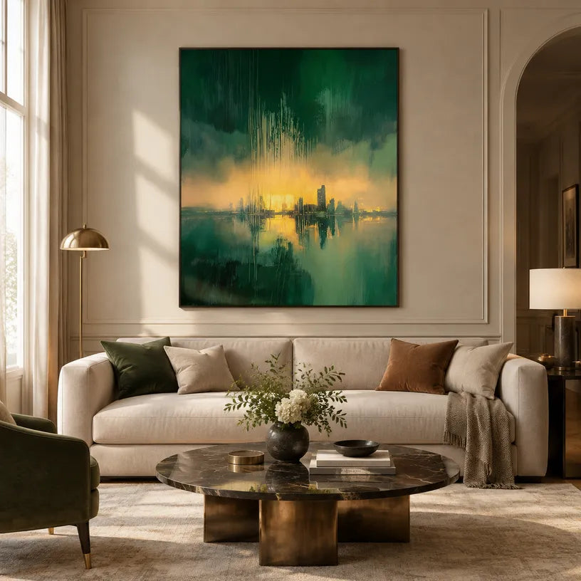Wabi-Sabi abstract oil painting showing layered abstract marks, texture and expressive painterly movement in a green palette.
