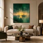 Wabi-Sabi abstract oil painting showing layered abstract marks, texture and expressive painterly movement in a green palette.