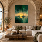 Wabi-Sabi abstract oil painting showing layered abstract marks, texture and expressive painterly movement in a green palette.