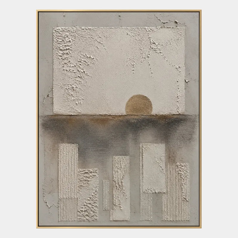 Pittura a olio di paesaggi Wabi-Sabi, paesaggi marini e paesaggi urbani con un paesaggio atmosferico, un paesaggio marino o una composizione ispirata alla città in una tavolozza di grigi.