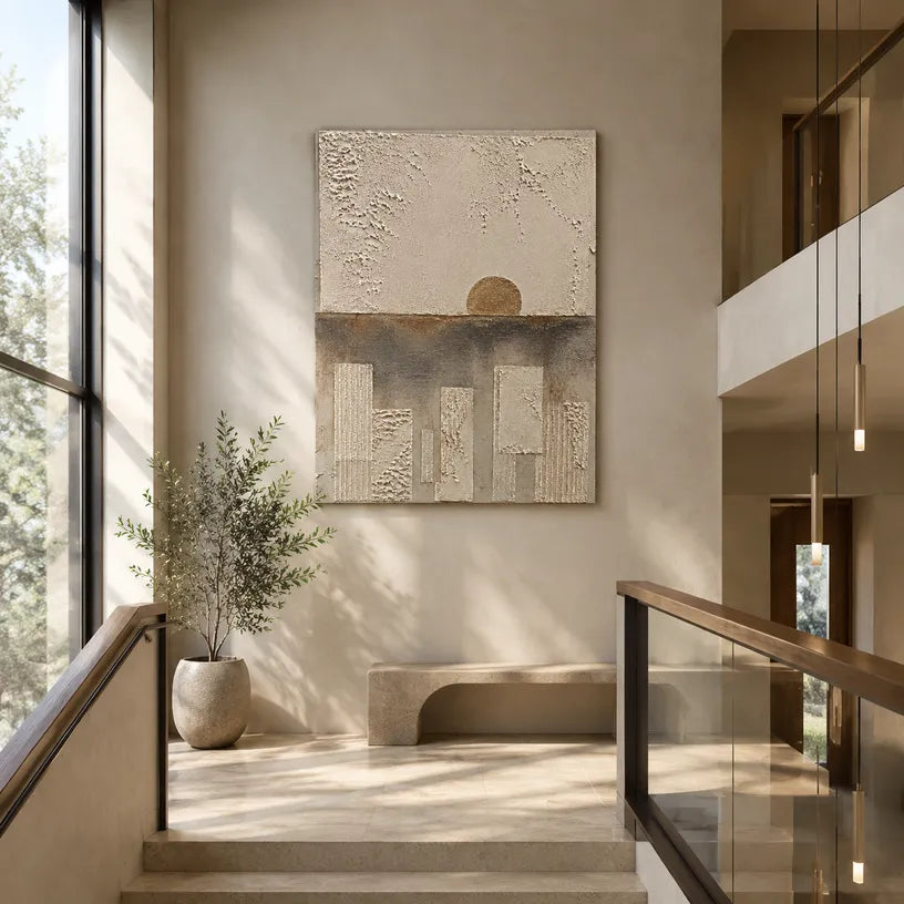 Wabi-Sabi abstract oil painting showing layered abstract marks, texture and expressive painterly movement in a brown palette.