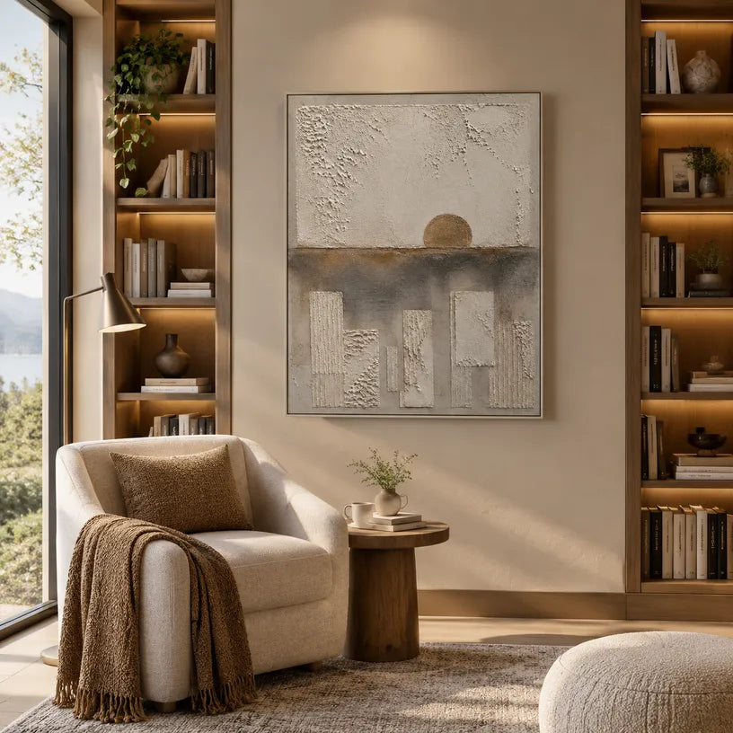 Wabi-Sabi abstract oil painting showing layered abstract marks, texture and expressive painterly movement in a brown palette.