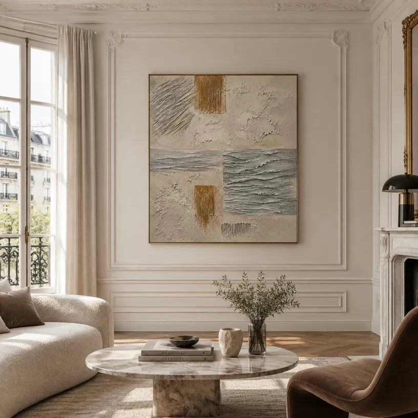 Wabi-Sabi abstract oil painting showing layered abstract marks, texture and expressive painterly movement in a brown palette.