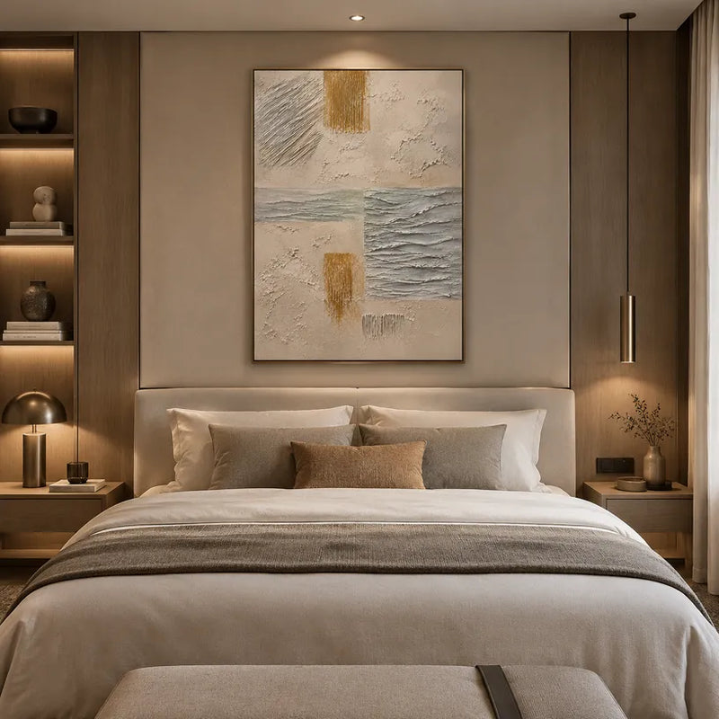 Peinture à l'huile abstraite et conceptuelle Wabi-Sabi présentant des marques abstraites superposées, une texture et un mouvement pictural expressif dans une palette beige.