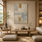 Wabi-Sabi abstract oil painting showing layered abstract marks, texture and expressive painterly movement in a brown palette.