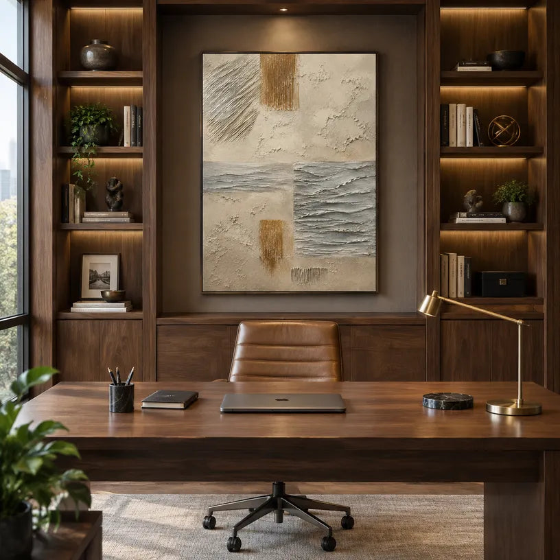 Wabi-Sabi abstract oil painting showing layered abstract marks, texture and expressive painterly movement in a brown palette.