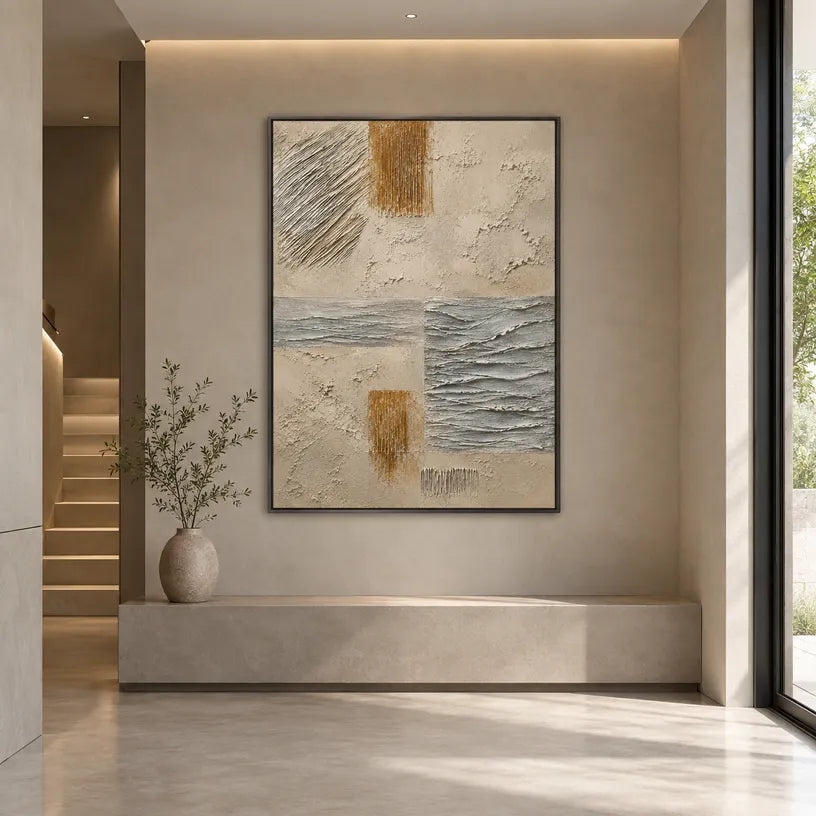 Wabi-Sabi abstract oil painting showing layered abstract marks, texture and expressive painterly movement in a brown palette.
