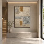 Wabi-Sabi abstract oil painting showing layered abstract marks, texture and expressive painterly movement in a brown palette.