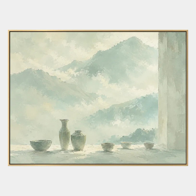 Wabi-Sabi abstract oil painting showing layered abstract marks, texture and expressive painterly movement in a green palette.