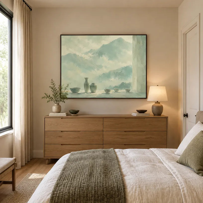 Wabi-Sabi abstract oil painting showing layered abstract marks, texture and expressive painterly movement in a green palette.