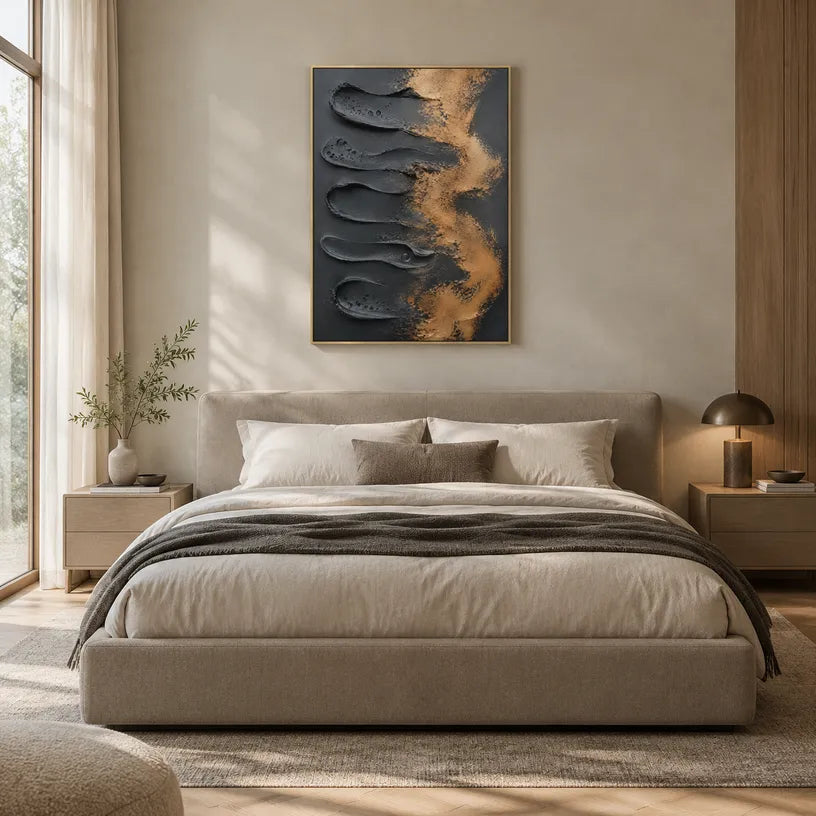 Wabi-Sabi abstract oil painting showing layered abstract marks, texture and expressive painterly movement in a blue palette.