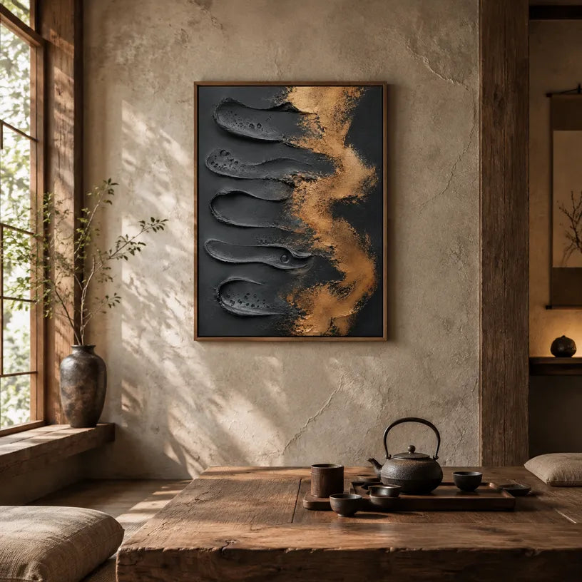 Wabi-Sabi abstract oil painting showing layered abstract marks, texture and expressive painterly movement in a blue palette.