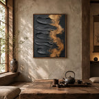 Wabi-Sabi abstract oil painting showing layered abstract marks, texture and expressive painterly movement in a blue palette.