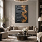 Wabi-Sabi abstract oil painting showing layered abstract marks, texture and expressive painterly movement in a blue palette.
